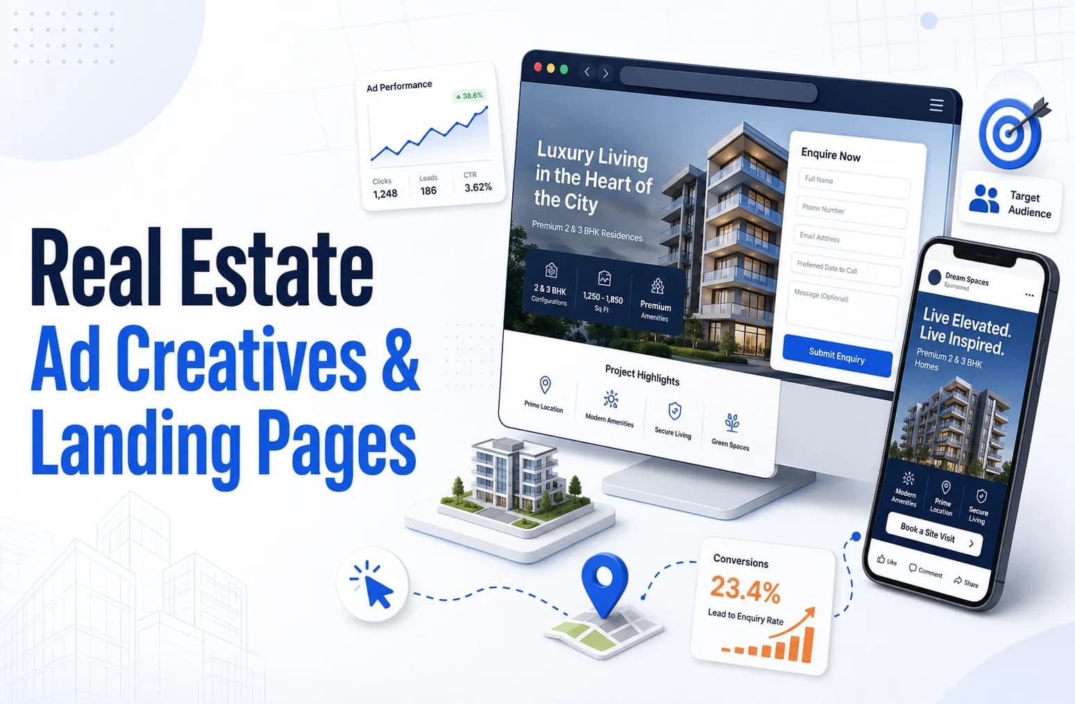 Real estate ad creative and landing pages: the 2026 conversion playbook. Cover image