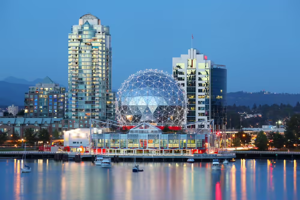 Vancouver harbour with downtown skyline and the North Shore mountains